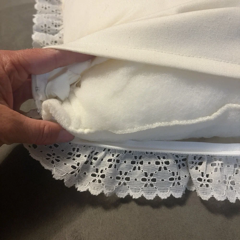 VTG Handmade Throw Pillow Cream Floral Cross Stitch Lace Trim Cottagecore Granny